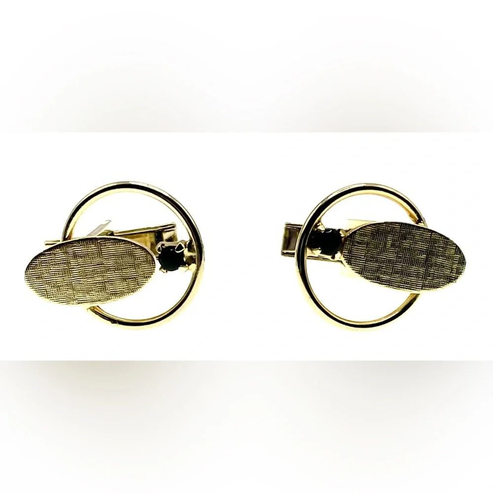 Vintage Gold Tone Textured Cufflinks Prong Set Black Cabochon Gem Atomic MCM